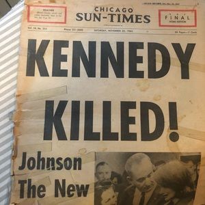 ChicagoSun Times Nov. 23rd 1963 newspaper copy, headlined “KENNEDY KILLED”!